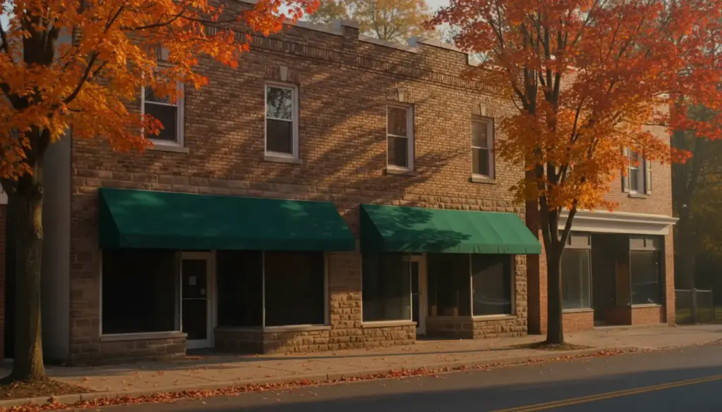 Brick storefronts on a small Western Pennsylvania main street, autumn afternoon